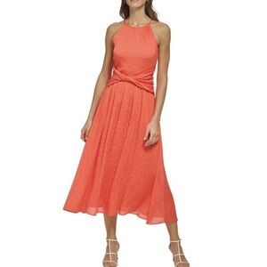 DKNY Halter Neck, Twist Waist Dress Coral Orange Halter A-Line Sleeveless Size 4